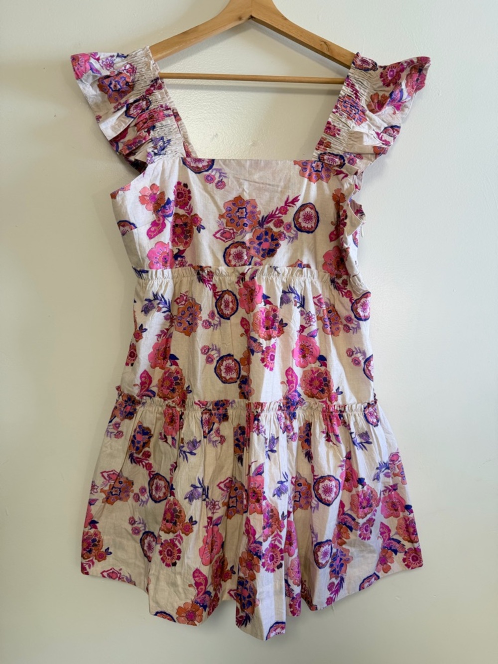 Oliphant Tuckernuck Cotton Ruffle Sleeves Cream Pink Minidress Medium